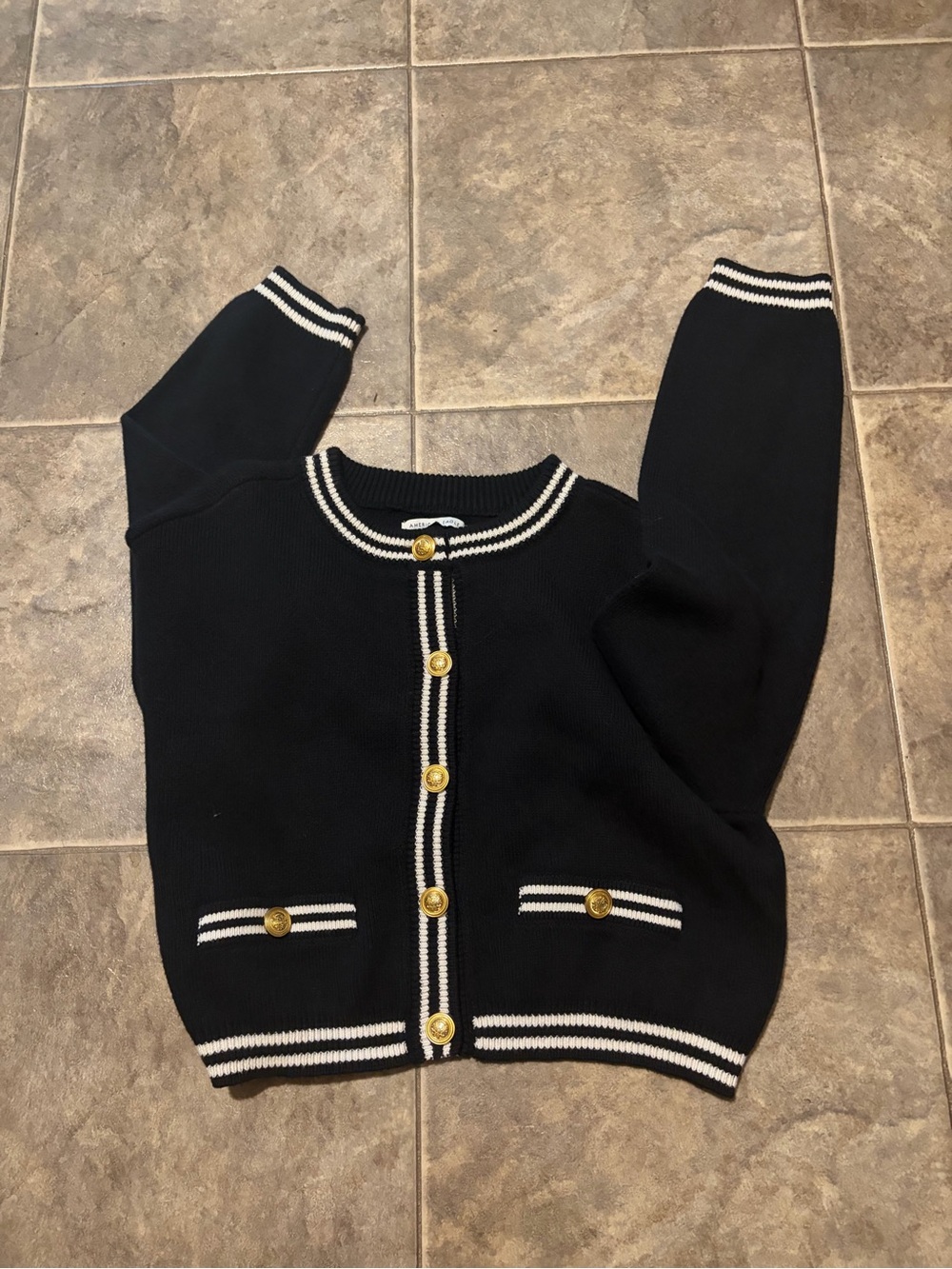 American Eagle Outfitters Black Cardigan with White Stripe Trim and Gold Buttons